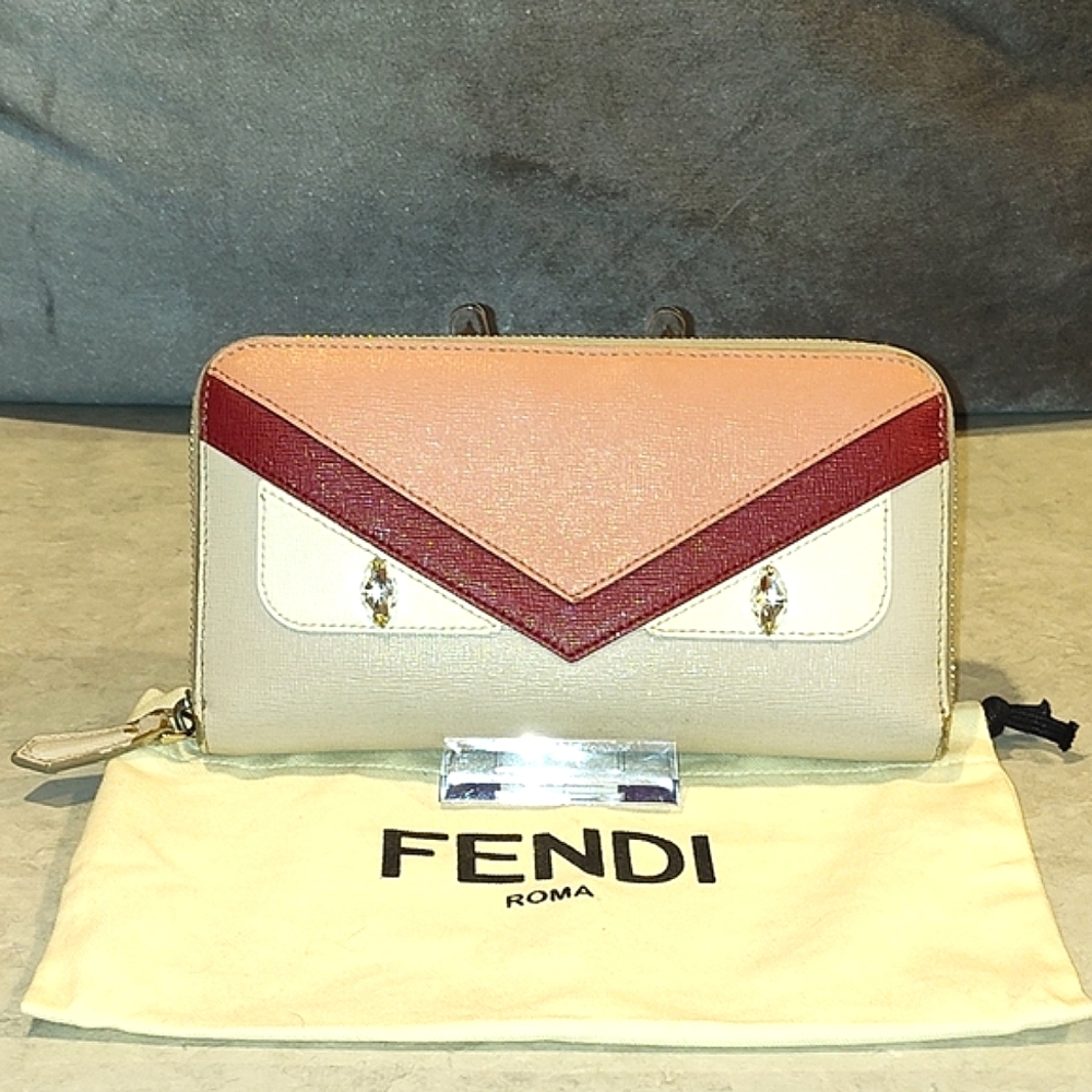 FENDI VITELLO ELITE CRYSTAL EYE COLORBLOCK MONSTER ZIPPY LONG Wallet & DUSTBAG